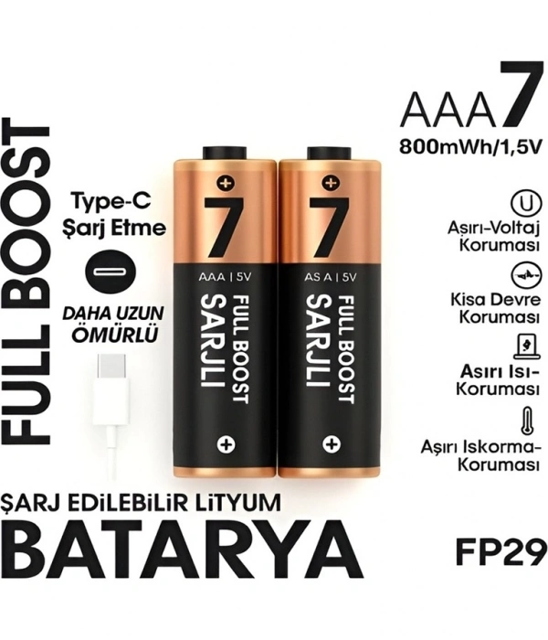 Type-c Şarjlı 800mwh 1.5v Şarj Edilebilir 2’li Aaa İnce Pil - Lityum Iyon Batarya