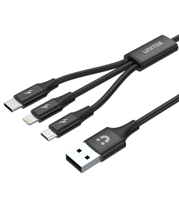 UNITEK USB-A 3in1 HIZLI ŞARJ KABLOSU 1.2MT 2.4A MICRO USB, TYPE-C, LIGHTNING (C14049BK)