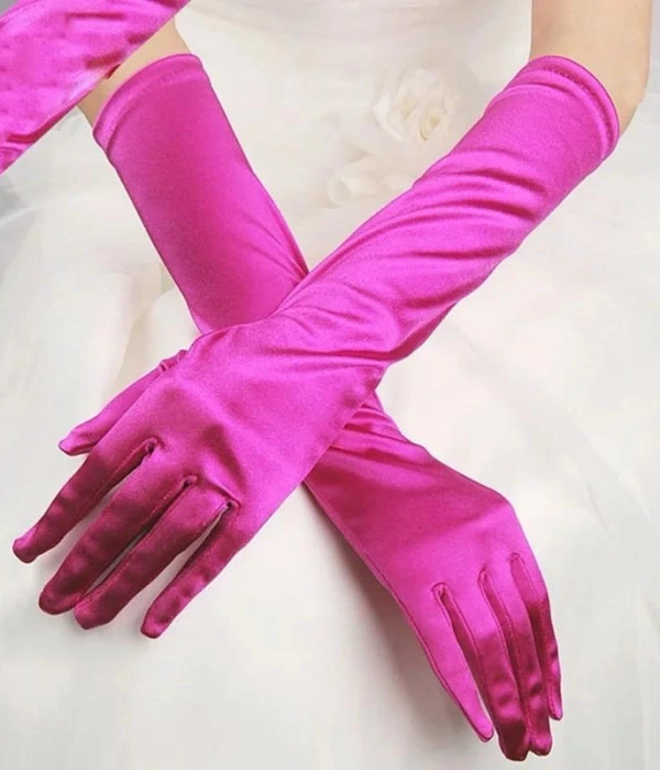 Uzun Boy Ekstra Parlak Saten Eldiven Fuşya Renk