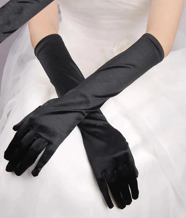 Uzun Boy Ekstra Parlak Saten Eldiven Siyah Renk