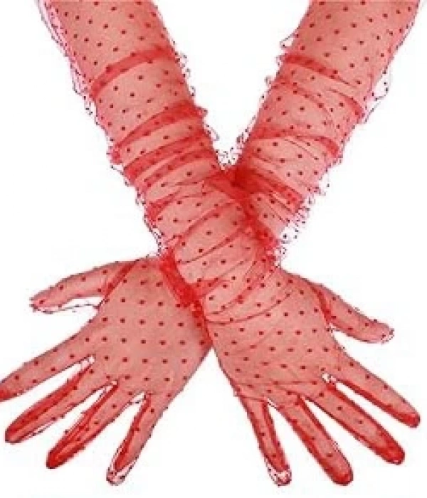 Uzun Boy Kırmızı Puantiyeli Kırmızı Renk Yetişkin Tül Eldiven 55 Cm