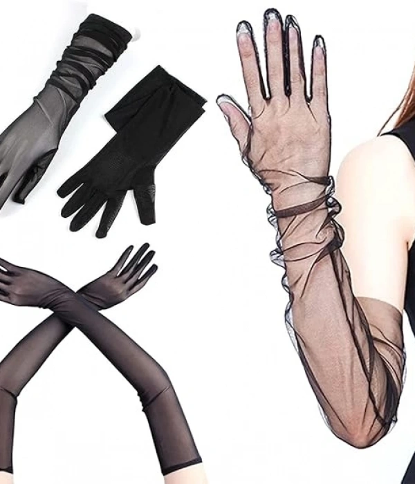 Uzun Boy Likralı Siyah Renk Yetişkin Mega Tül Eldiven 53 Cm