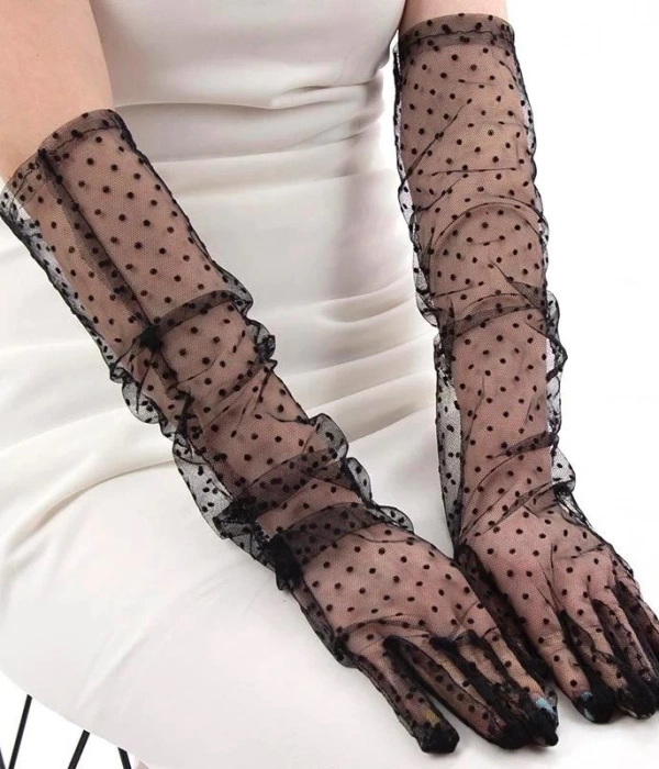 Uzun Boy Siyah Puantiyeli Siyah Renk Yetişkin Tül Eldiven 55 Cm