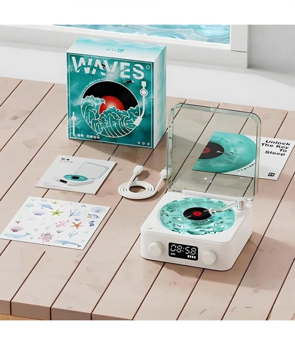 Waves Nostalji Plak Görünümlü Bluetooth Hoparlör 3d Ses Dalgası Retro Müzik Plak Mavi