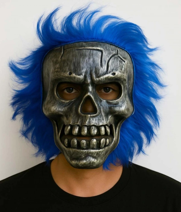 Wild Skull - Gümüş Kafatası Mavi Saçlı İskelet Maske