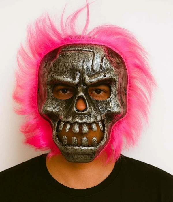 Wild Skull - Gümüş Kafatası Pembe Saçlı İskelet Maske