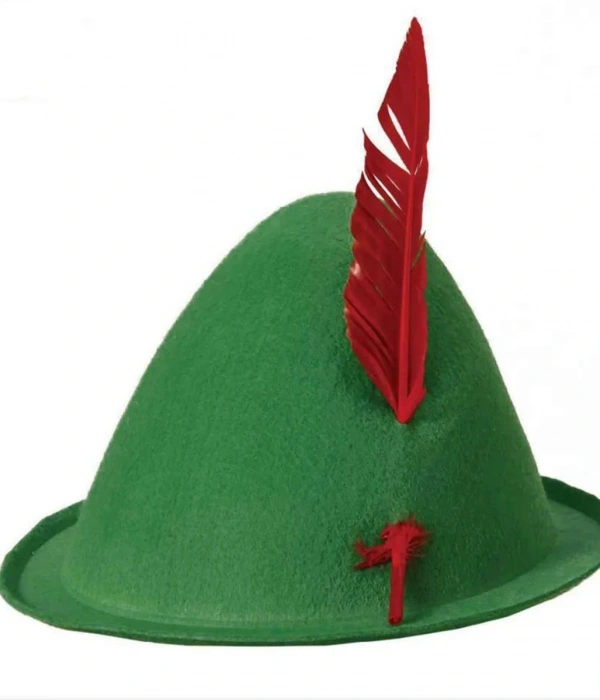 Yeşil Renk Kırmızı Tüylü Peter Pan Şapkası Robin Hood Şapkası 24x23 Cm