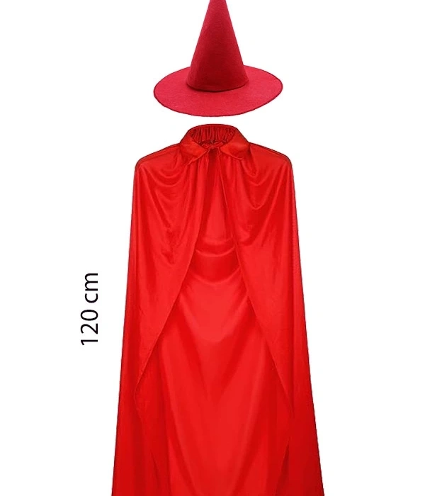 Yetişkin Boy 120 Cm Kırmızı Yakalı Pelerin Ve Kırmızı Cadı Şapkası