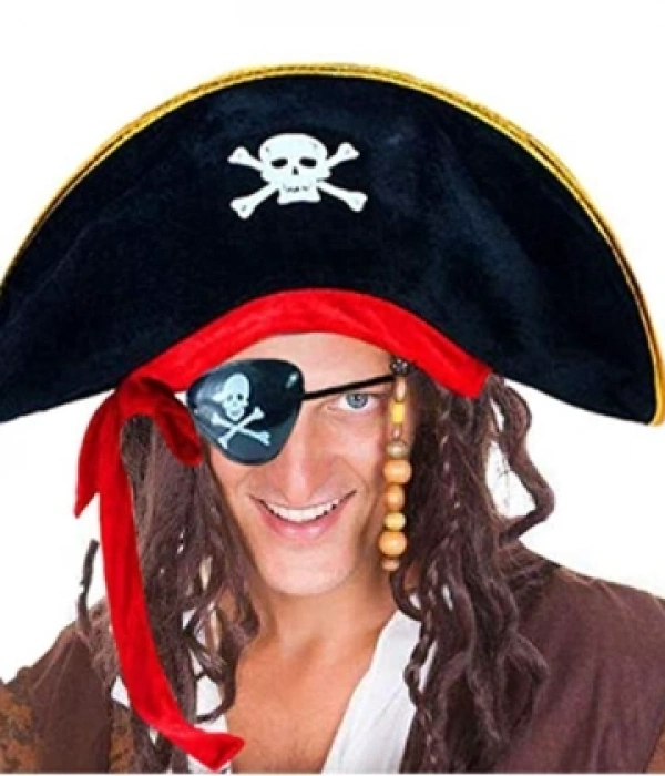 Yetişkin Boy Kadife Kaptan Jack Sparrow Korsan Şapkası Ve Plastik Korsan Göz Maskesi
