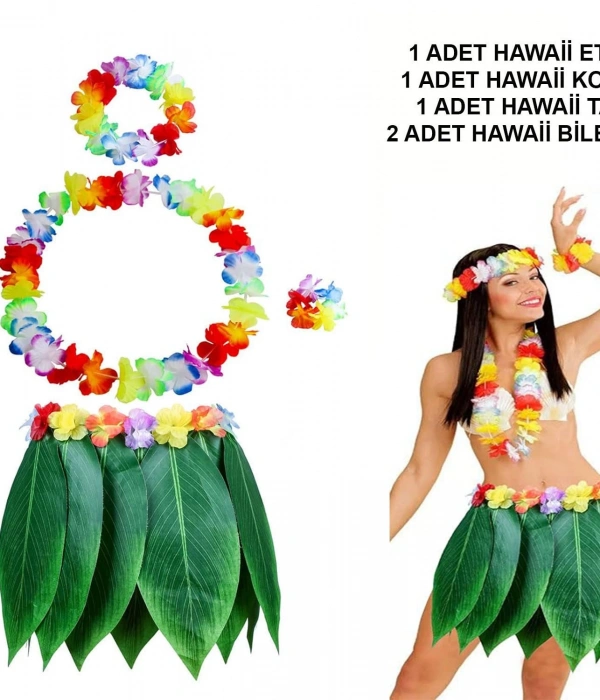 Yetişkin Hawaii Kostüm Seti - Yaprak Etek  Hawaii Set - 5 Parça