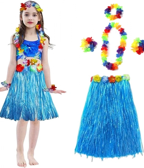 Yetişkin Ve Çocuk Uyumlu Hawaii Luau Aloha Mavi Püsküllü Etek Kolye Taç Ve 2 Adet Bileklik Seti