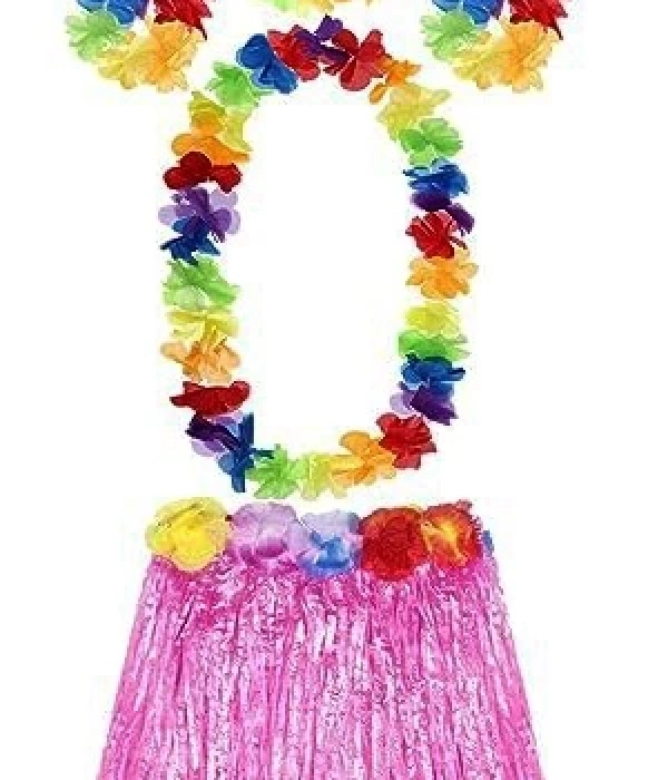 Yetişkin Ve Çocuk Uyumlu Luau Aloha Hawaii Pembe Etek Ve Renkli Kolye Taç 2 Adet Bileklik Seti