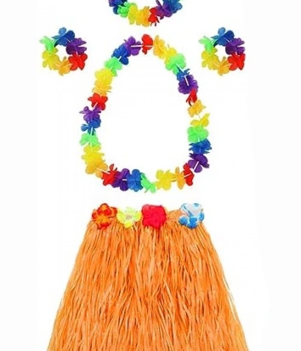 Yetişkin Ve Çocuk Uyumlu Luau Aloha Hawaii Turuncu Etek Ve Renkli Kolye Taç 2 Adet Bileklik Seti