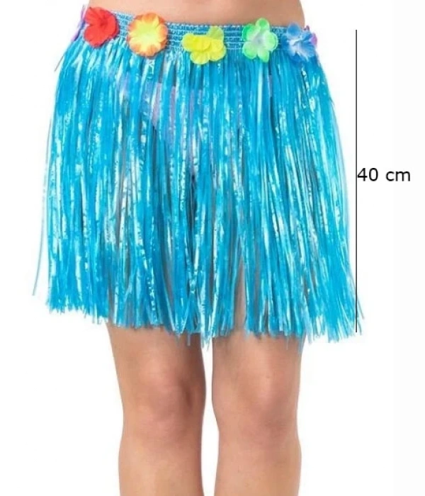 Yetişkin Ve Çocuk Uyumlu Mavi Renk Püsküllü Hawaii Luau Hula Etek 40 Cm