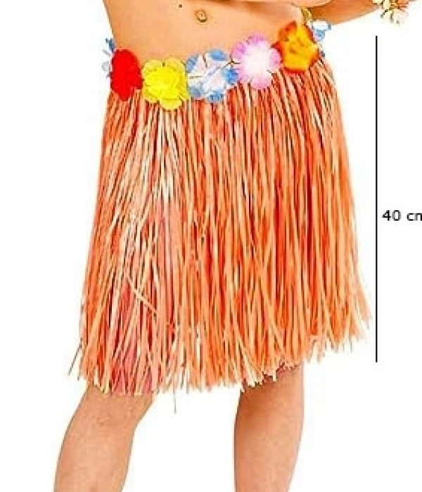 Yetişkin Ve Çocuk Uyumlu Turuncu Renk Püsküllü Hawaii Luau Hula Etek 40 Cm