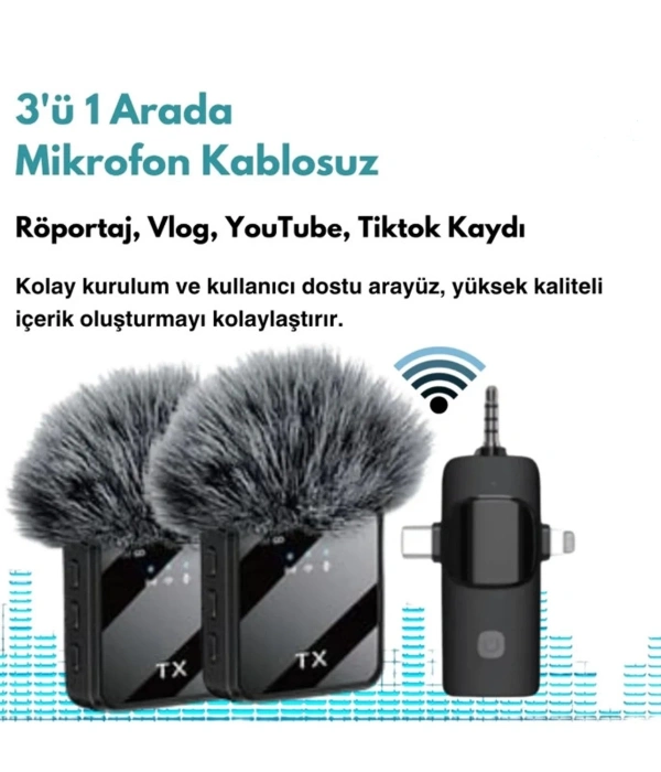 Yüksek Kalite Profesyonel 3 In 1 Kablosuz Taşınabilir Yaka Mikrofonu Tüylü