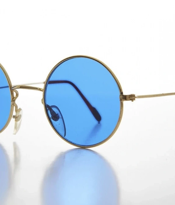 Yuvarlak Cam John Lennon Tarzı Gold Çerçeveli Mavi Gözlük