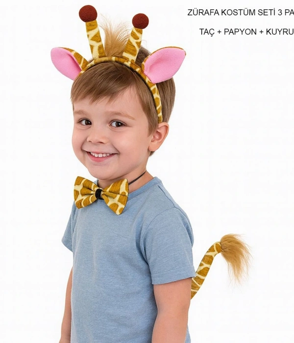 Zürafa Kosümü Aksesuar Seti 3 Lü - Taç Papyon Kuyruk