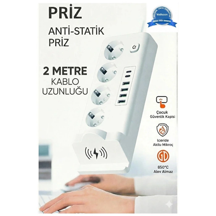 Akım Korumalı Priz Ve Masaüstü Şarj İstasyonu Kablosuz 4 Priz ,4 Usb, 2 Type-c Girişli 2 Metre