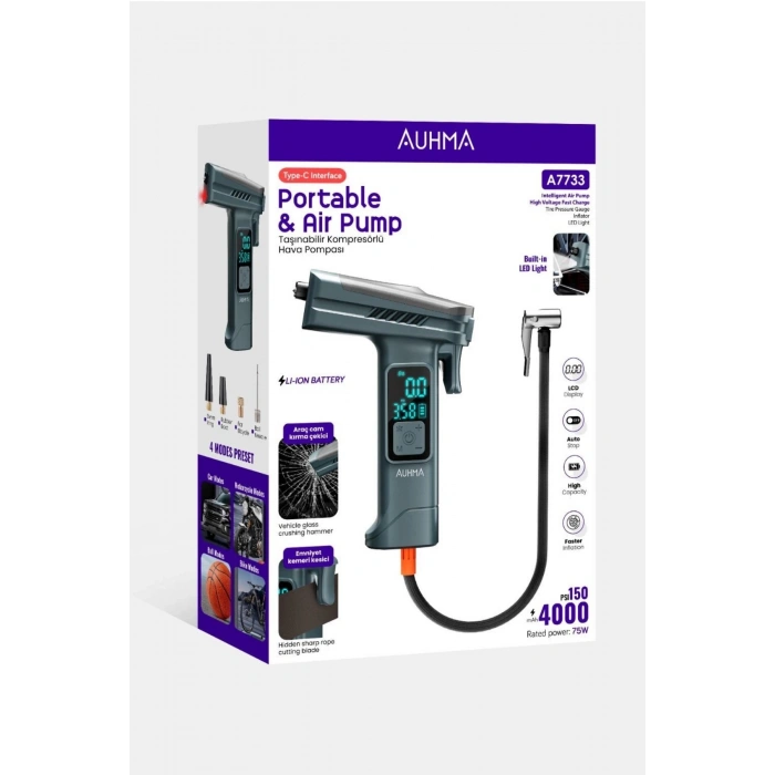 Araba Hava Pompası 4’ü 1 Arada: Kompresör + Cam Kırıcı + Kemer Kesici + Led Işık Şarjlı 4000mah Araç Kompresörlü