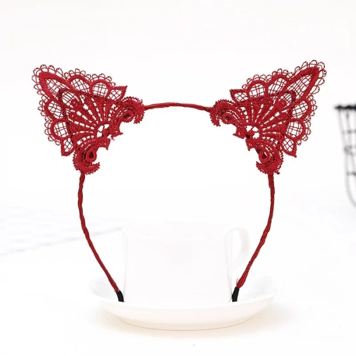 Dantelli Kırmızı Kedi Tacı - Vintage Tarz Dantel Kedi Kulak