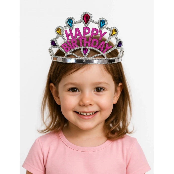 Gümüş Renk Happy Birthday Yazılı Doğum Günü Tacı 60 Cm