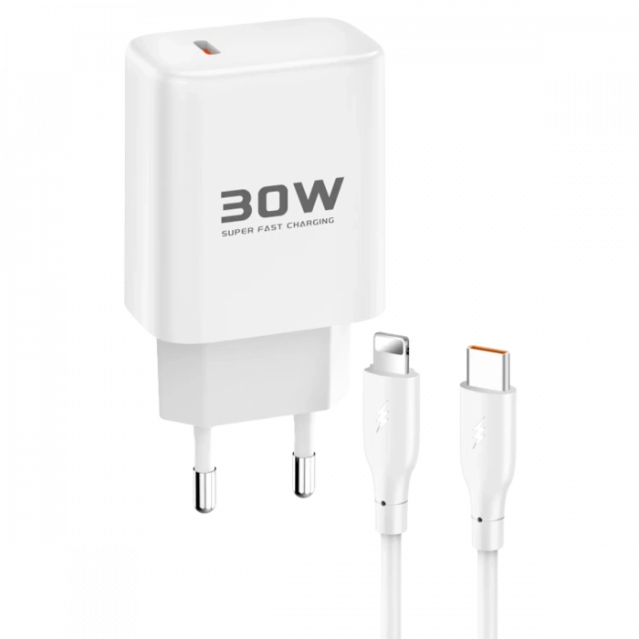 Joko JK89 30W Type-C Çıkışlı Ekstra DC66 1M Type-C to Lightning  Kablolu PD Şarj Cihazı - Beyaz