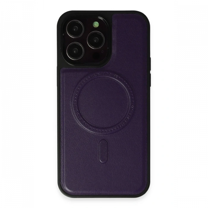 Joy Tekno iPhone 14 Pro Kılıf Ozzi Magsafe Deri Kapak - Derin Mor