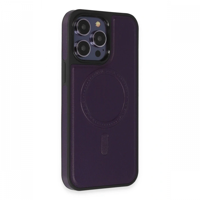 Joy Tekno iPhone 14 Pro Kılıf Ozzi Magsafe Deri Kapak - Derin Mor