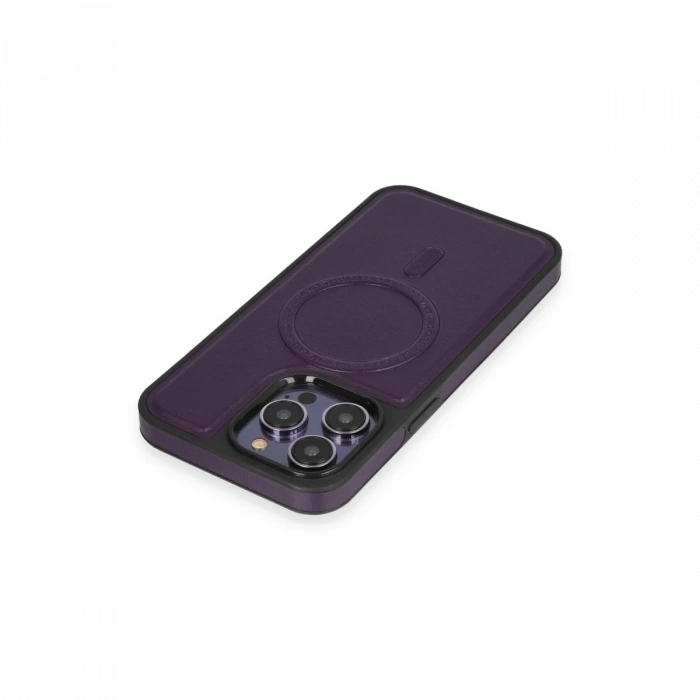 Joy Tekno iPhone 14 Pro Kılıf Ozzi Magsafe Deri Kapak - Derin Mor