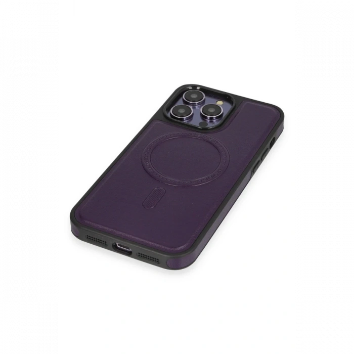 Joy Tekno iPhone 14 Pro Kılıf Ozzi Magsafe Deri Kapak - Derin Mor