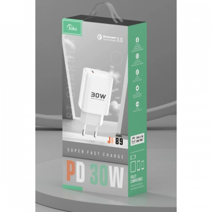 Joy Tekno JK89 30W Type-C Çıkışlı Ekstra DC66 1M Type-C to Lightning  Kablolu PD Şarj Cihazı - Beyaz