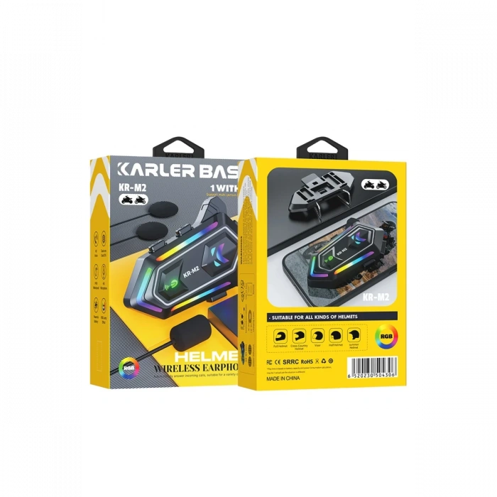 Karler Bass KRM2 RGB Motosiklet Sürücüleri İçin IPX6 Su Geçirmez Özellikli Kablosuz Bluetooth Kulaklık - Siyah