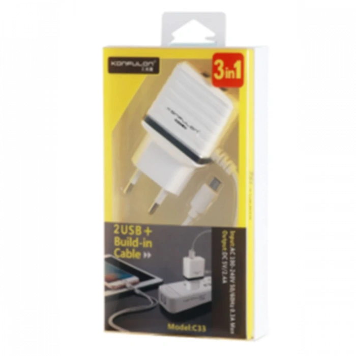 Konfulon C33 Hızlı Şarj Cihazı 3in1 (Dahili Lightning Kablo iphone Uyumlulu)