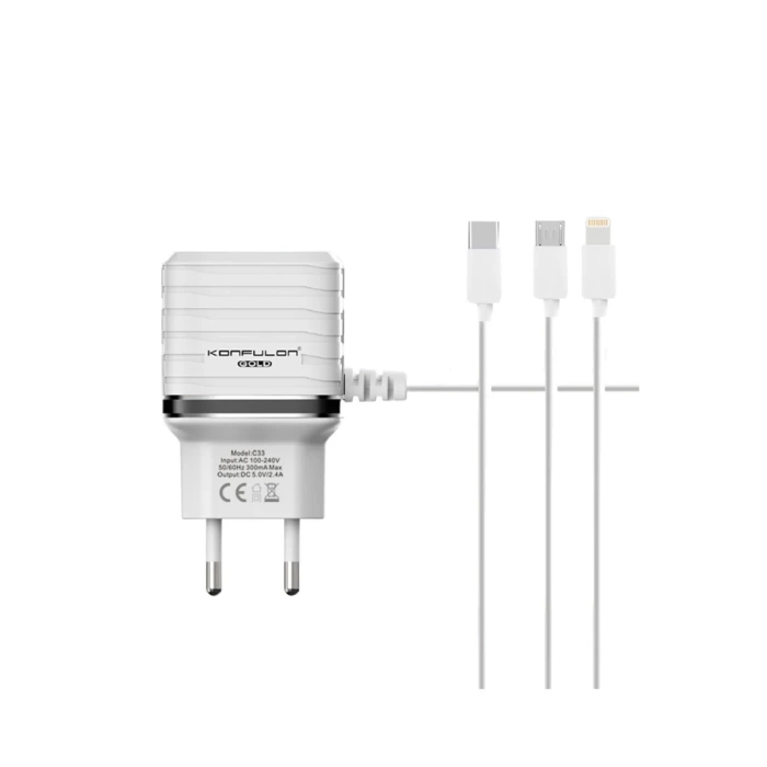 Konfulon C33 Hızlı Şarj Cihazı 3in1 (Dahili Micro USB Kablolu)