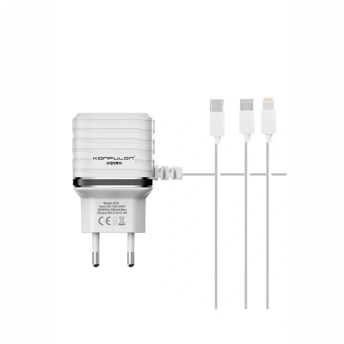 Konfulon C33 Hızlı Şarj Cihazı 3in1 (Dahili Micro USB Kablolu)