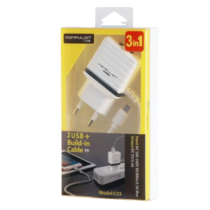 Konfulon C33 Hızlı Şarj Cihazı 3in1 (Dahili Micro USB Kablolu)