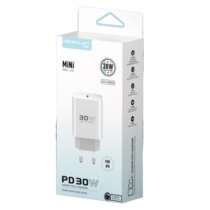 Konfulon C87C 30W Type-C Çıkışlı Ekstra DL50 1M Type-C to Lightning Kablolu PD Şarj Cihazı - Beyaz