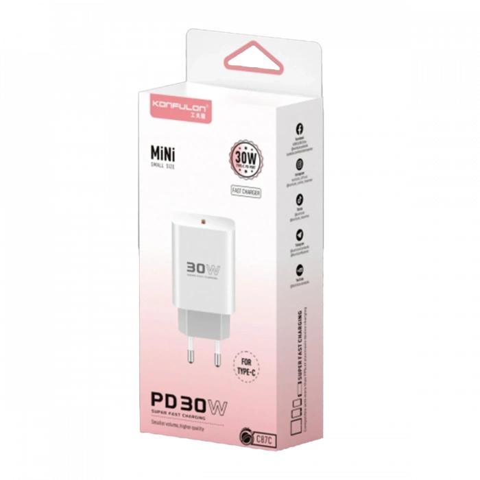 Konfulon C87C 30W Type-C Çıkışlı Ekstra DL51 1M Type-C to Type-C Kablolu PD Şarj Cihazı - Beyaz