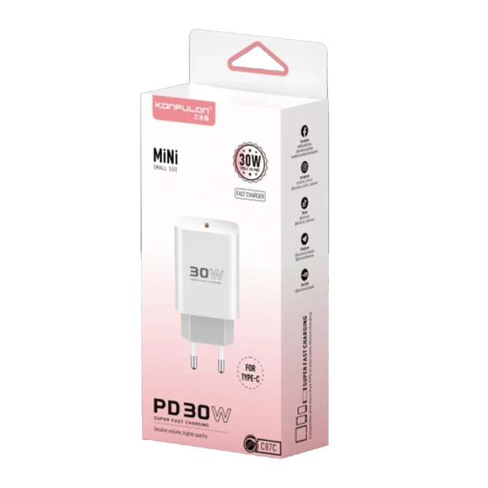 Konfulon C87C 30W Type-C Çıkışlı Ekstra DL51 1M Type-C to Type-C Kablolu PD Şarj Cihazı - Beyaz