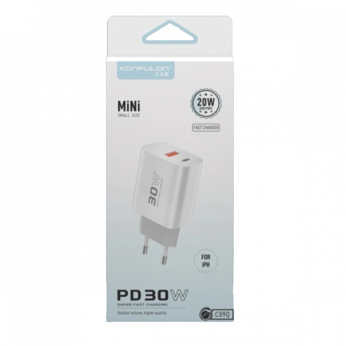 Konfulon C89Q 1 Adet 30W Type-C ve 1 Adet 22.5W USB Çıkışlı Ekstra DL48 1M USB to Lightning Kablolu PD Şarj Cihazı - Beyaz