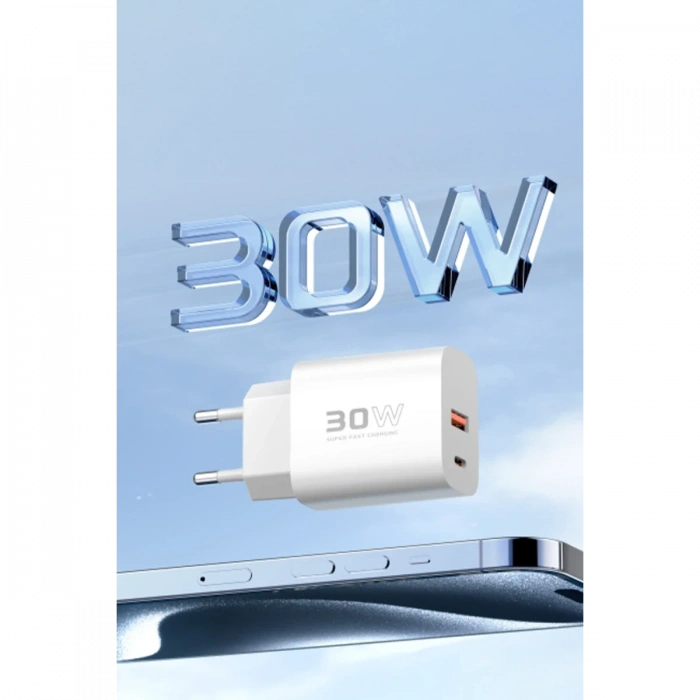 Konfulon C89Q 1 Adet 30W Type-C ve 1 Adet 22.5W USB Çıkışlı Ekstra DL49 1M USB to Type-C Kablolu PD Şarj Cihazı - Beyaz