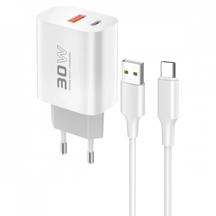 Konfulon C89Q 1 Adet 30W Type-C ve 1 Adet 22.5W USB Çıkışlı Ekstra DL49 1M USB to Type-C Kablolu PD Şarj Cihazı - Beyaz
