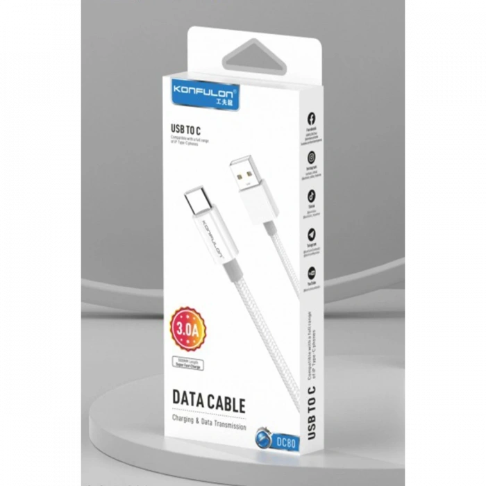 Konfulon DC80 1M 3A USB to Type-C Hızlı Şarj Kablo - Beyaz