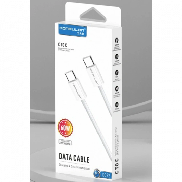 Konfulon DC82 1M 60W Type-C to Type-C  PD Hızlı Şarj Kablo - Beyaz