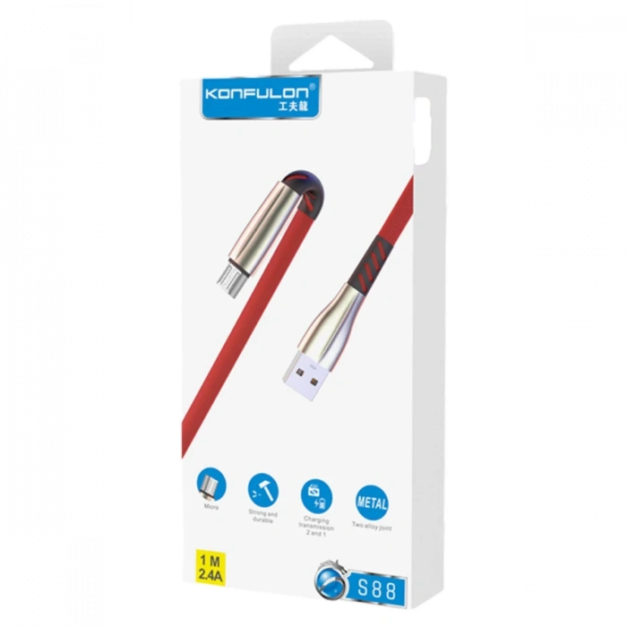 Konfulon S88 Metal Uçlu Micro USB Kablo 1M 2.4A - Kırmızı