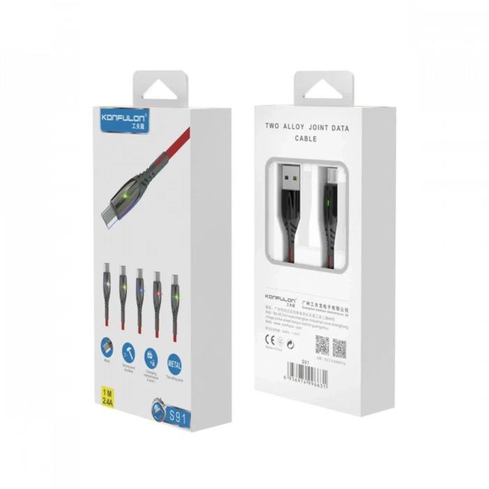 Konfulon S91 Ledli Micro USB Kablo 1M 2.4A - Siyah