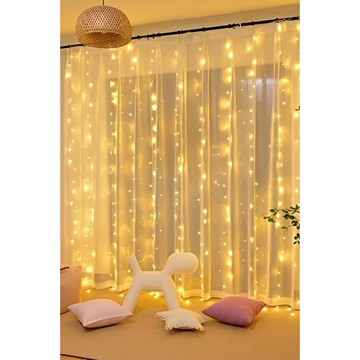 Lw-7 300 Ledli 10 Sarkıt Perde Led Işık, 8 Modlu Uzaktan Kumandalı, 3x3 Metre Peri Telli Led