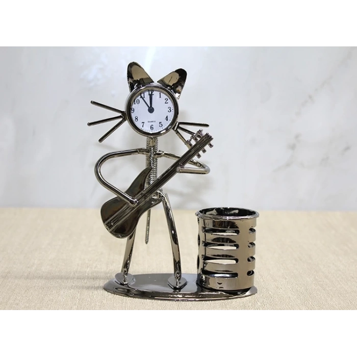 Metal Gitar Çalan Kedi Müzisyen Saat Ve Kalemlik Alk4345