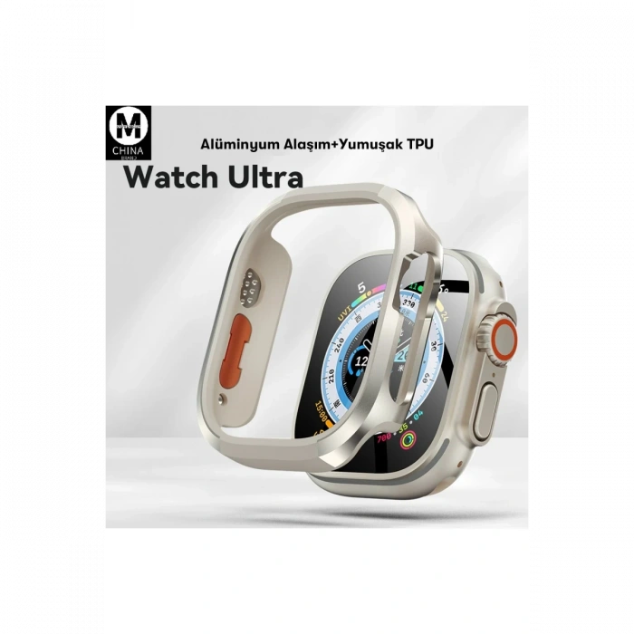 Movenchy Apple Watch Ultra 49mm MO-WT3 Alüminyum Camlı Kasa Ekran Koruyucu - Gold